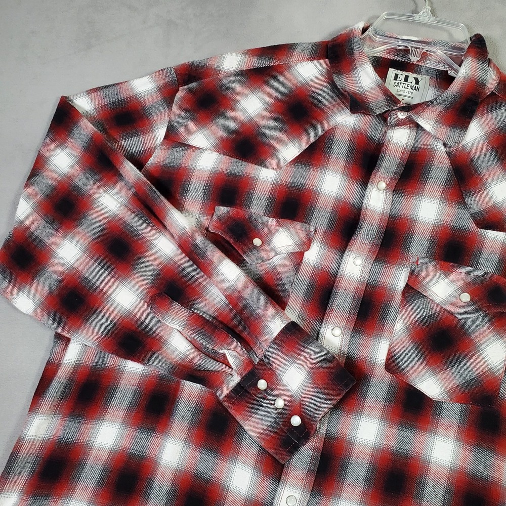 Ely Cattleman Flannel Shirt Mens XLT Red Black Plaid‎ Pearl Snap Western Rodeo